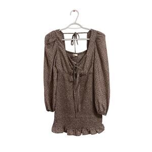 Boho Tan Long Sleeve Shirt Ruffle Hem Smocked Bodice Casual Small Women's